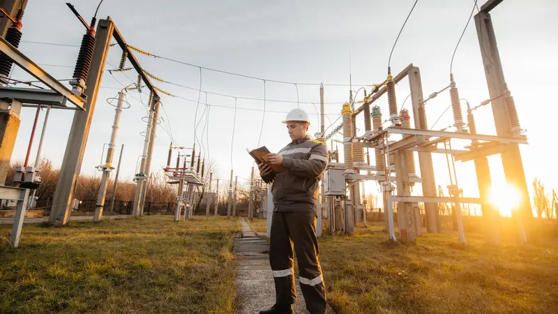 Ingeniero con tableta revisando una subestación eléctrica